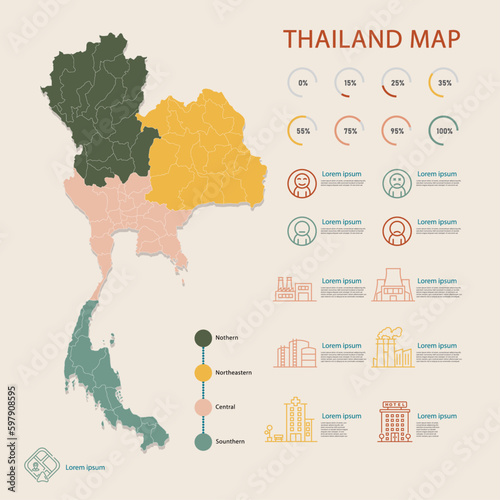 Thailand map and infographic of provinces, political maps of Thailand earth tone color - Vector File