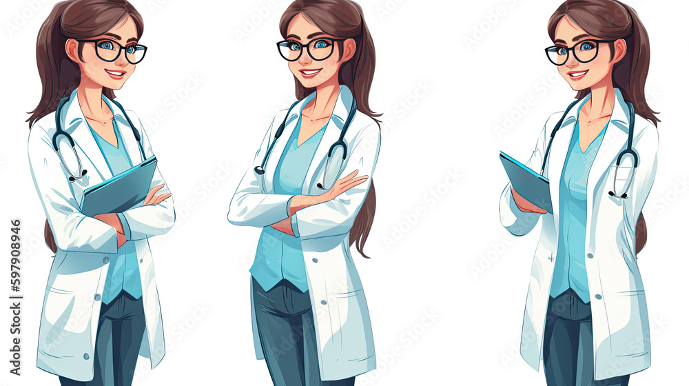 illustration of a young female doctor with a white coat. Generative AI illustration of a young female doctor with a white coat. Generative AI