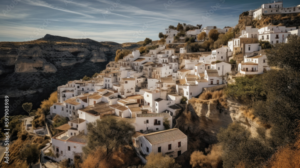 a mediterranean town on a mountain by the sea in europe. Generative AI
