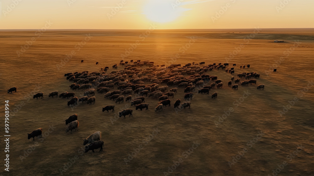 aerial view of a herd of cattle at sunset. Generative AI aerial view of a herd of cattle at sunset. Generative AI