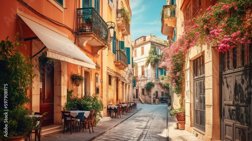 cozy little old street in summer in europe . Generative AI