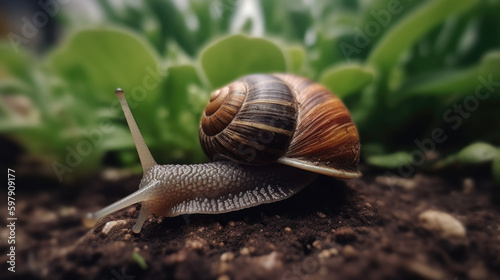 closeup of a snail in the garden. Generative AI