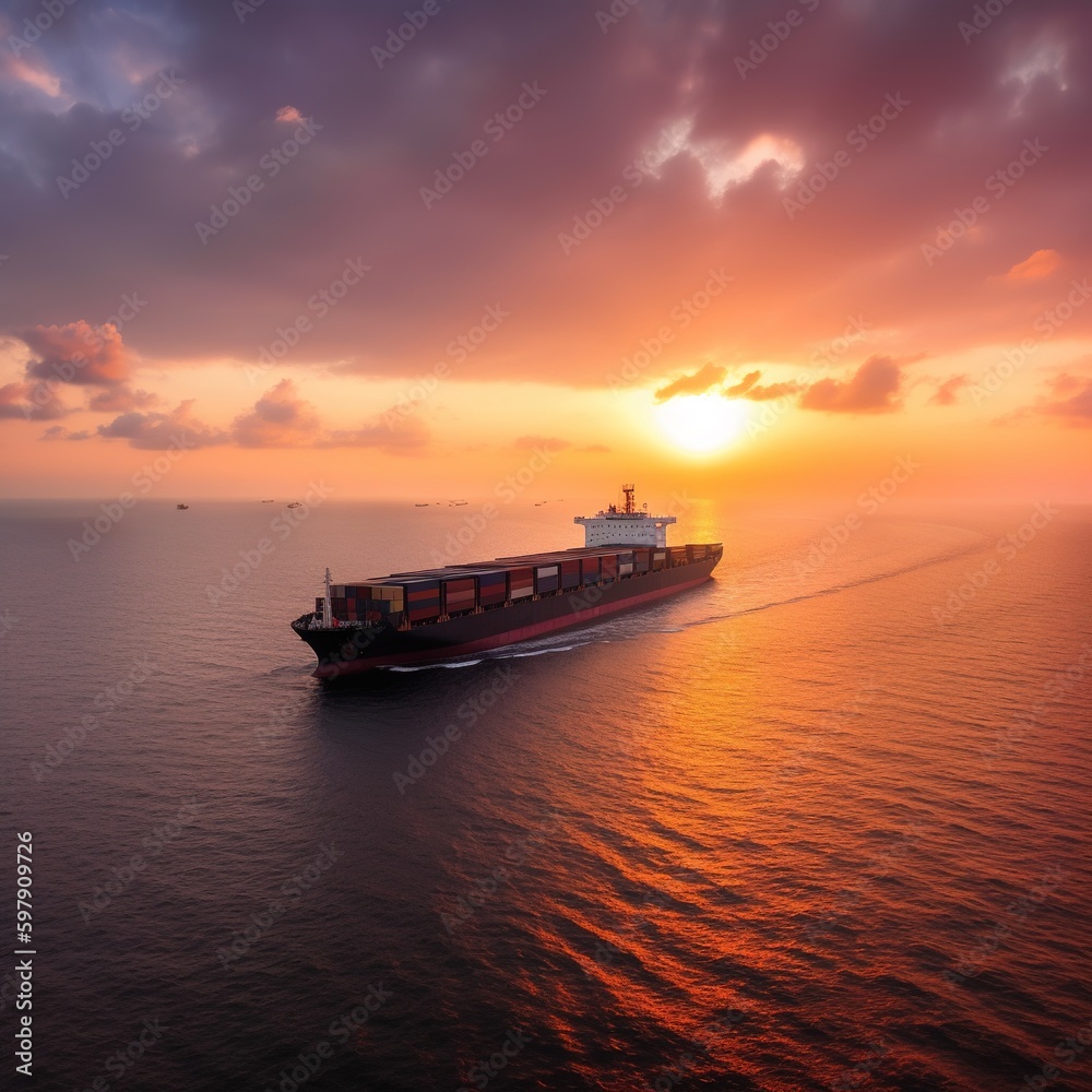 Container ship in sunset sky background, cargo transportation industry concept, global business logistics import export commodities of freight carrier, sea freight shipping