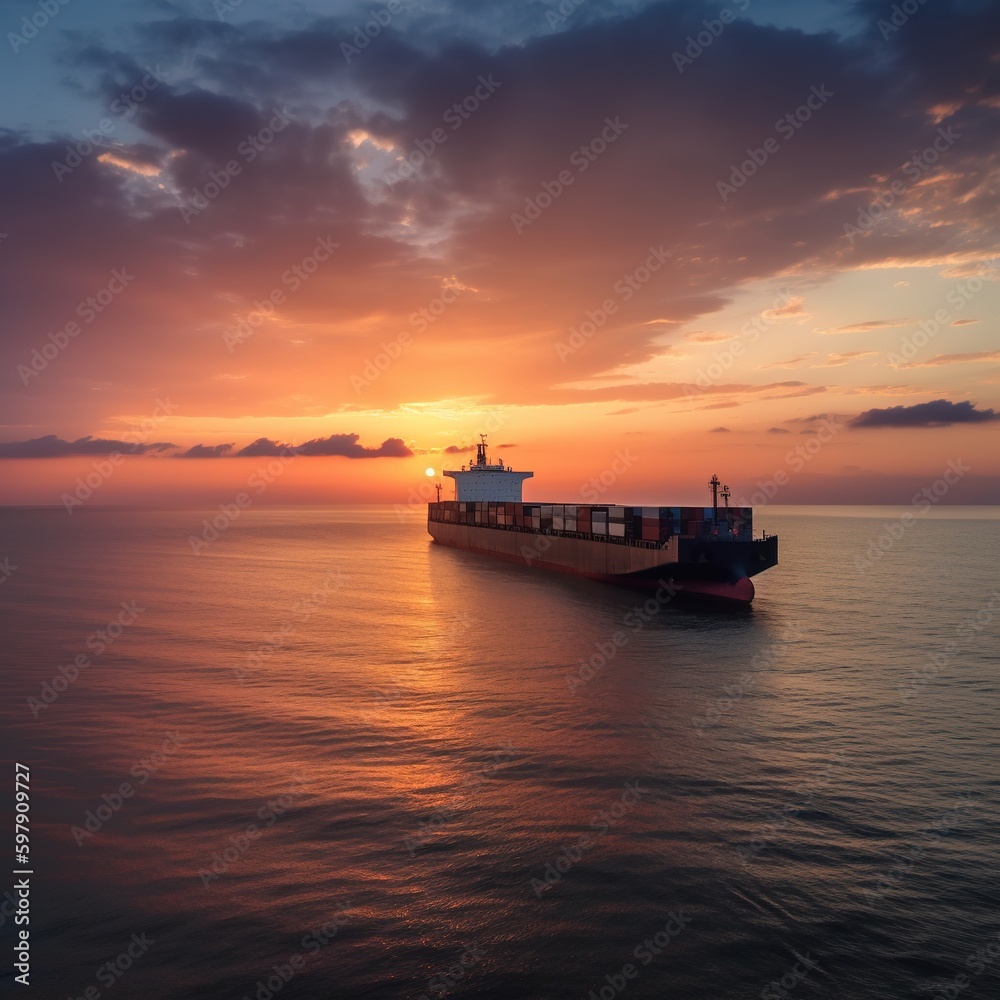 Container ship at sunset sky background, Global business logistics import export commodities of freight carrier, cargo transportation industry concept, Sea Freight Shipping. generative AI
