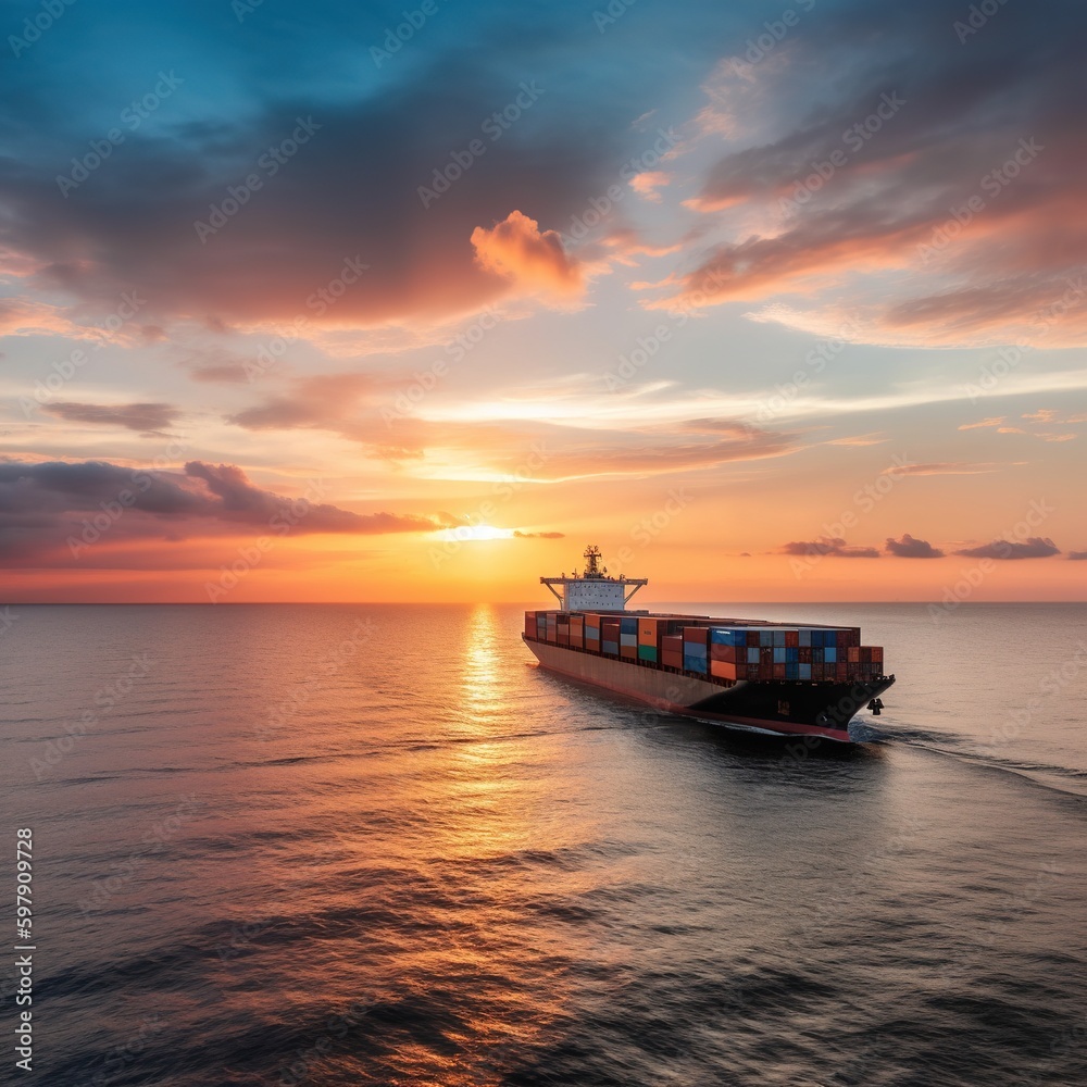 Container ship in the ocean at sunset sky background with copy space, Global business logistics import export goods of freight carrier, cargo transportation industry concept. generative ai