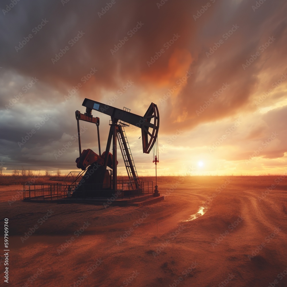Crude oil pump jack at oilfield on sunset background. Fossil crude output and fuels oil production. Oil drill rig. Crude mining concept. generative ai