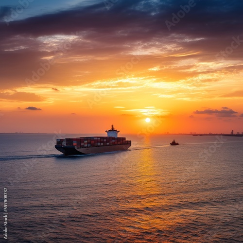 Container ship in the ocean at sunset sky background with copy space, Global business logistics import export goods of freight carrier, cargo transportation industry concept. generative AI © WS Studio 1985