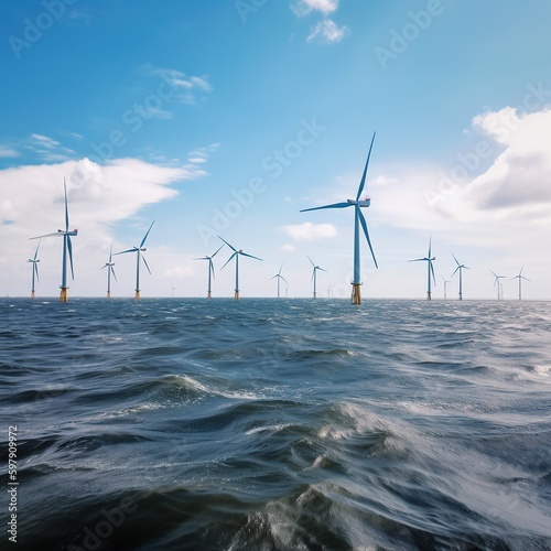 Windmill farm in the ocean, isolated at sea on a beautiful sunny day. generative ai