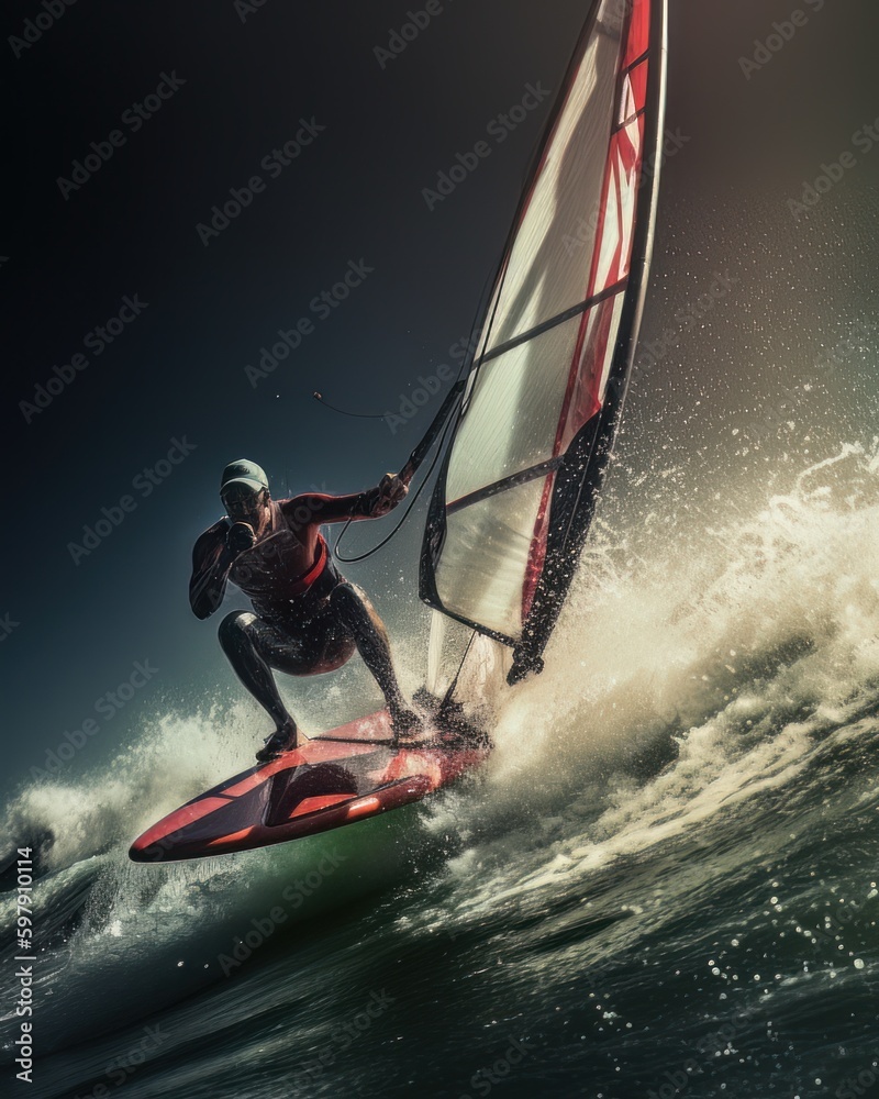 Naklejka premium Windsurfing. A windsurfer takes on the waves sailing through the water.. Created using generative ai