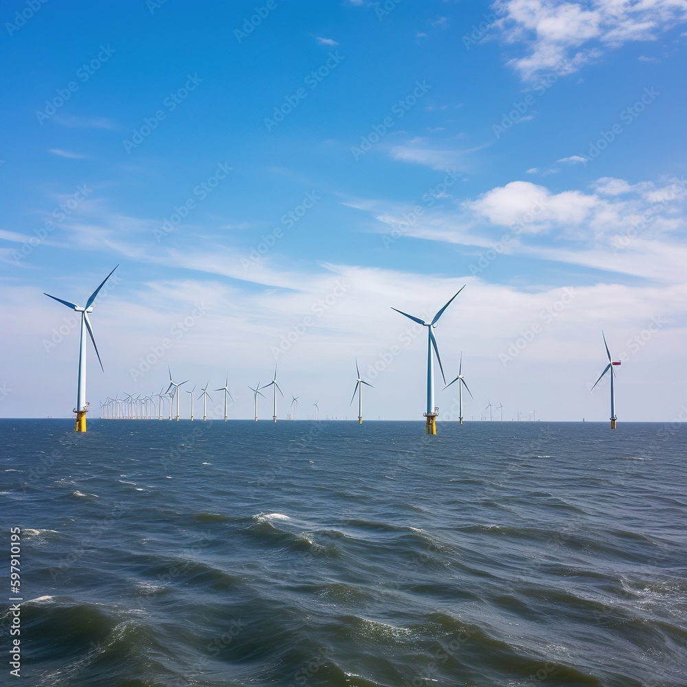 Offshore Windmill farm in the ocean Westermeerwind park, windmills isolated at sea on a beautiful bright day. generative AI