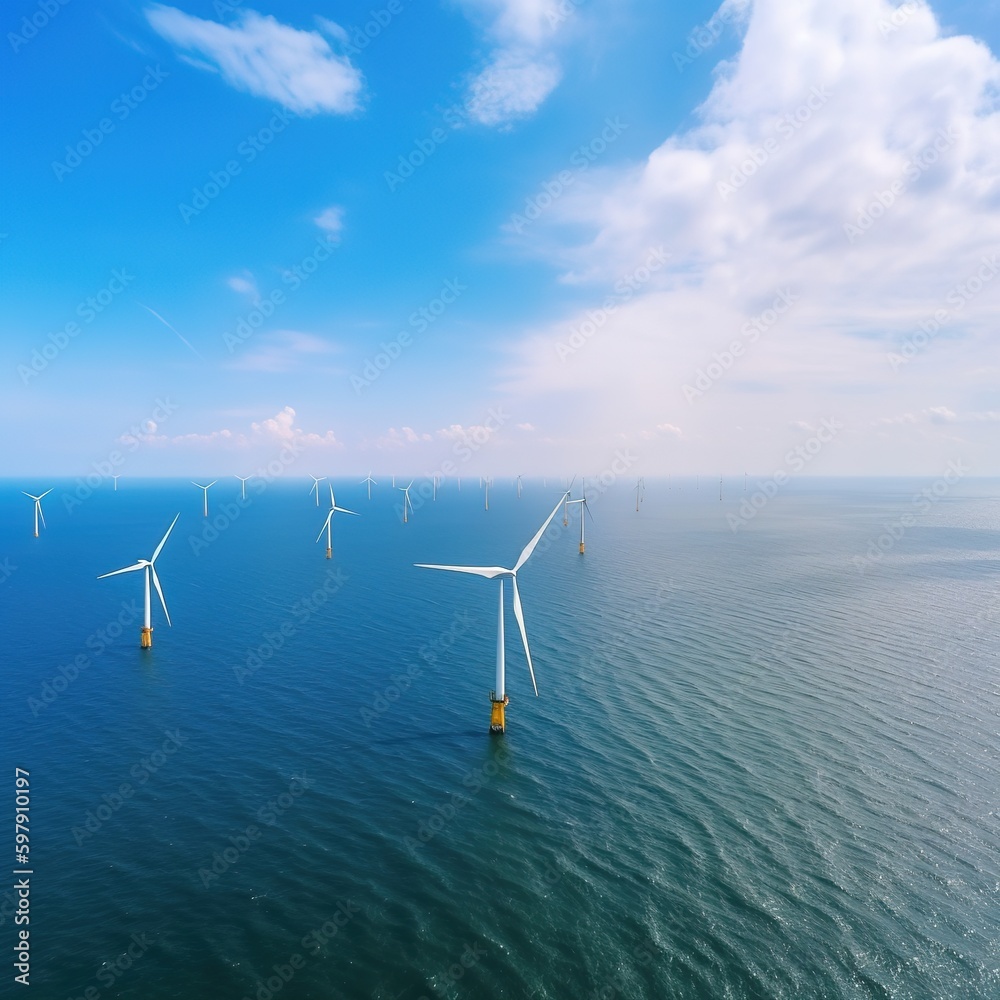 Offshore Windmill farm in the ocean Westermeerwind park, windmills isolated at sea on a beautiful bright day. generative AI Offshore Windmill farm in the ocean Westermeerwind park, windmills isolated at sea on a beautiful bright day. generative AI