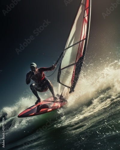 Windsurfing. A windsurfer takes on the waves sailing through the water.. Created using generative ai