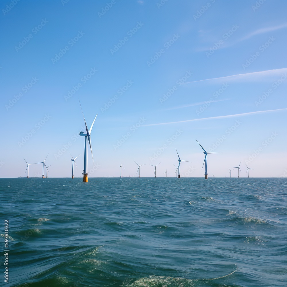 Offshore Windmill farm in the ocean, windmills isolated at sea on a beautiful bright day. Huge windmill turbines. generative ai Offshore Windmill farm in the ocean, windmills isolated at sea on a beautiful bright day. Huge windmill turbines. generative ai