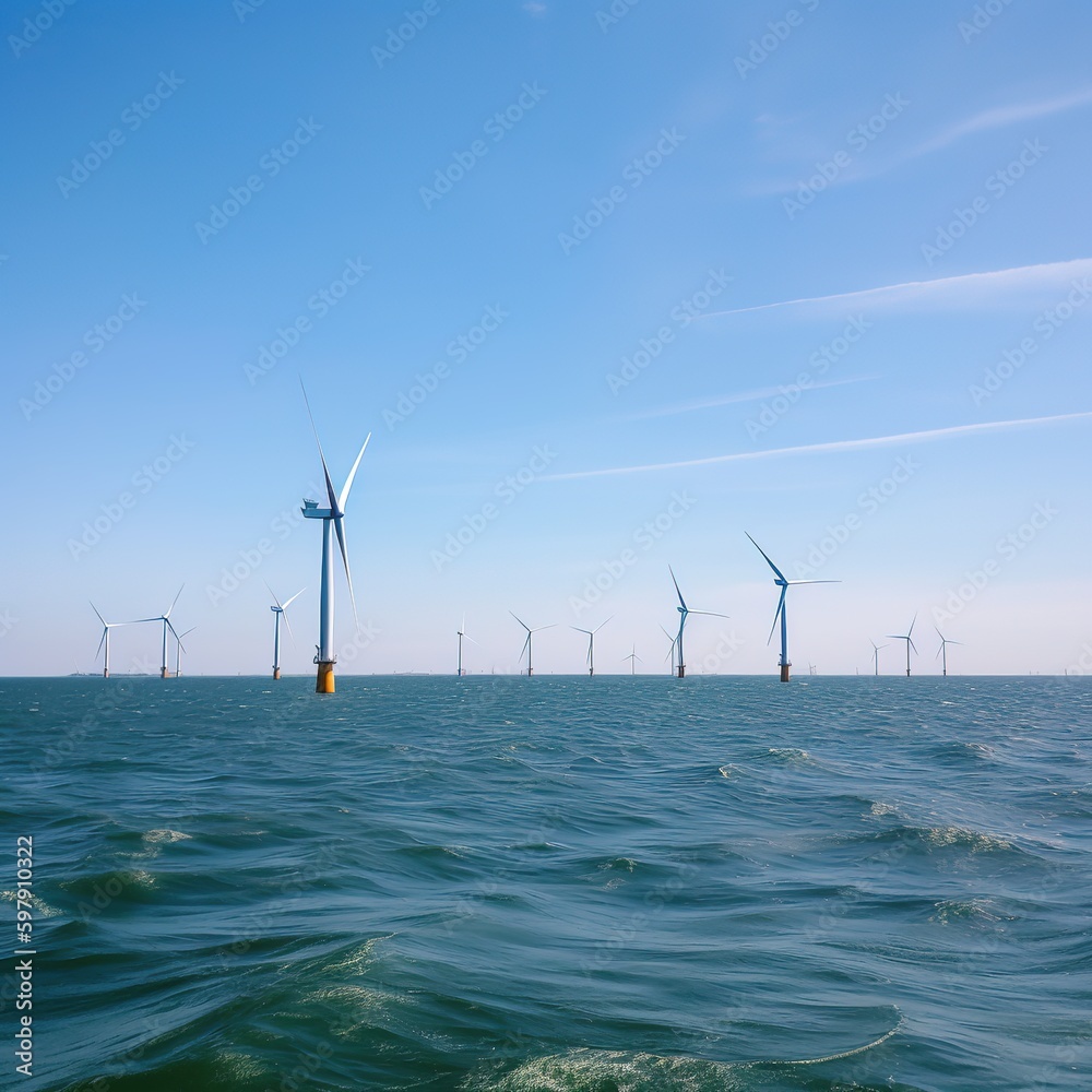 Offshore Windmill farm in the ocean, windmills isolated at sea on a beautiful bright day. Huge windmill turbines. generative ai