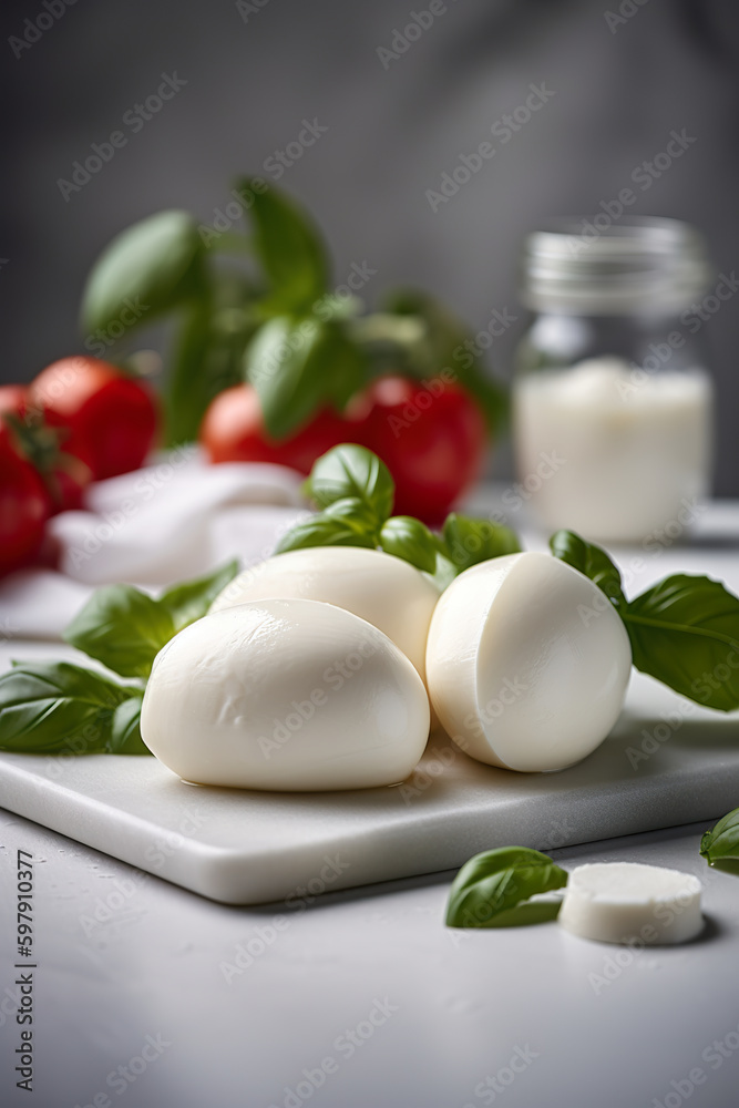 Tasty fresh mozzarella cheese. Mediterranean food. Italian mozzarella cheese stuffed with ricotta and persto close up. 3D realistic illustration. Generative AI Tasty fresh mozzarella cheese. Mediterranean food. Italian mozzarella cheese stuffed with ricotta and persto close up. 3D realistic illustration. Generative AI