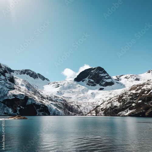 Cold ice snowy mountain panorama. Snow mountain and blue sky. Spring sunshiny alps mountain view. 3D realistic illustration. Generative AI