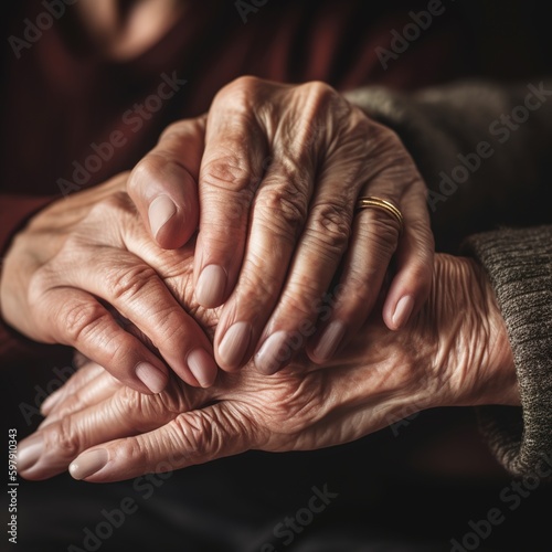 Care and assistance concept, with a young hand holding the hand of a senior. generative ai