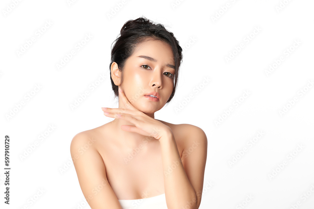 Obraz premium Beautiful young asian woman with clean fresh skin on white background, Face care, Facial treatment, Cosmetology, beauty and spa, Asian women portrait.