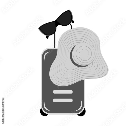 Set of travel suitcase with handle, wide brim hat and sunglasses on it in greyscale. Sticker. Icon