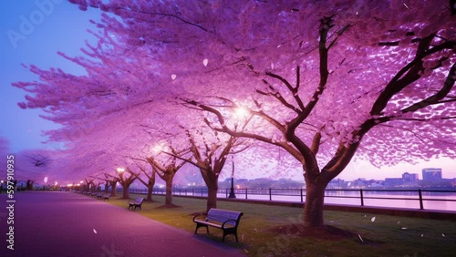 Cherry Blossom Avenue with Falling Petals – Japanese Spring Tree-Lined Path, Seamless Loop, Animated Background