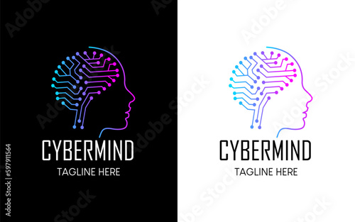 Creative Human Brain Technology Logo design vector icon symbol illustrations. Colorful connecting data for artificial intelligence and human face. Brain circuit board ai tech concept dot line elements