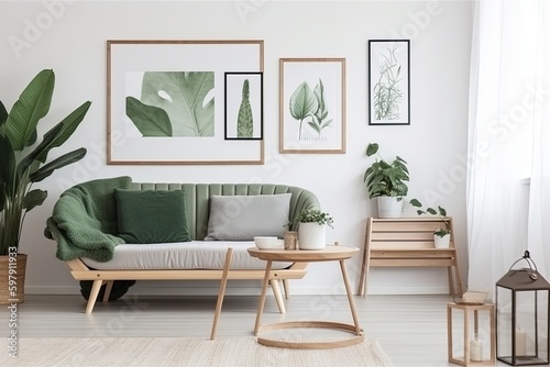 Blank horizontal poster frame mock up in minimal Scandinavian white style living room interior  modern living room interior background  Ai generative.