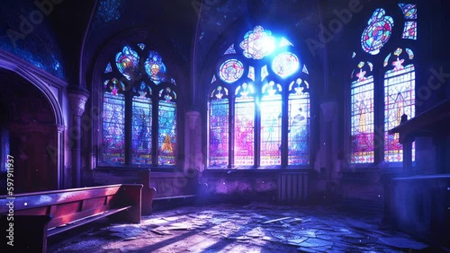 Abandoned Church Ruins with Stained Glass and Sunbeams – Fantasy Gothic Interior, Seamless Loop, Animated Background