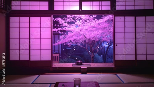 Japanese Tatami Room with Moonlit Cherry Blossoms – Traditional Night Garden View, Seamless Loop, Animated Background