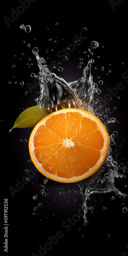 Orange falls into the water and making splashes. Concept of fresh summer fruits in water. The idea of freshness slices of a fresh juicy orange. 3D realistic illustration. Generative AI