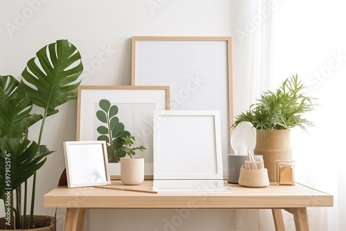 Scandinavian Minimalist Living Room Photo frame with Natural Light and Elegant chair with Ai Generative