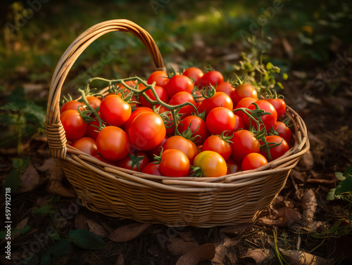 Basket full of red freshly picked tomatoes standing on green grass. Healthy various tomatoes in small summer greenhouse. 3D realistic illustration. Generative AI
