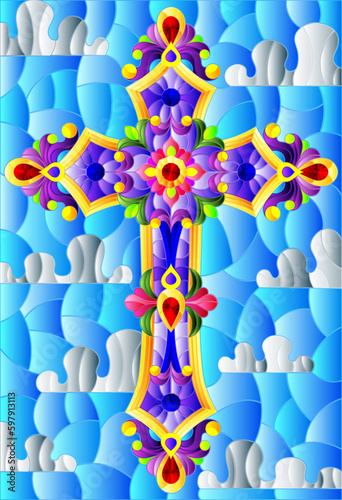 An illustration in the style of a stained glass window with an abstract Christian cross on a background of blue sky and clouds