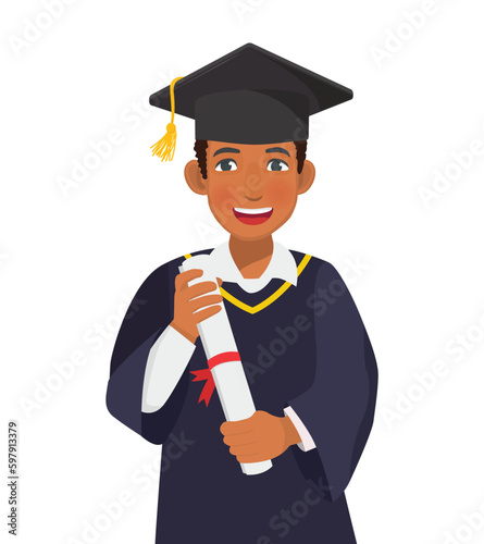 Happy young graduate African man in graduation gown and hat holding diploma and certificate