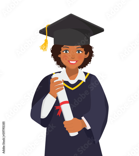 Happy young graduate African woman in graduation gown and hat holding diploma and certificate
