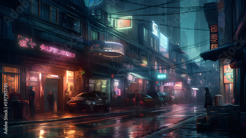 Neon Dreams: Exploring a Cyberpunk Night Street with Dazzling Lights, AI Generative