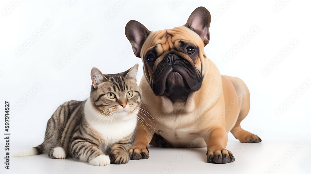 Cat and Dog Together As Best Friends, White Background 05. AI generative.