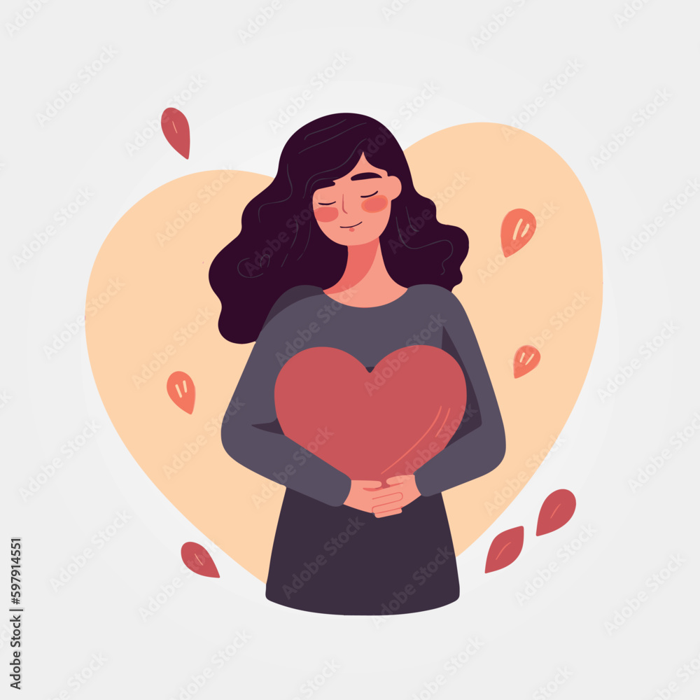 woman hugged in a beautiful fluffy heart, vector illustration