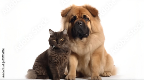 Cat and Dog Together As Best Friends, White Background 04. AI generative.