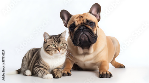 Cat and Dog Together As Best Friends, White Background 05. AI generative.