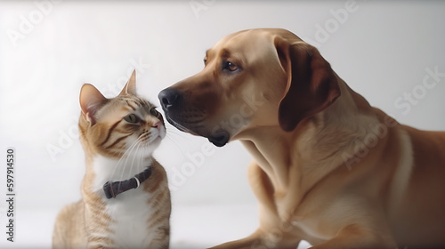 Cat and Dog Together As Best Friends, White Background 06. AI generative.