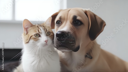 Cat and Dog Together As Best Friends  White Background 07. AI generative.