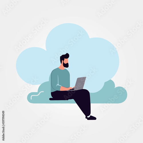 vector illustration, man sitting on cloud working on laptop