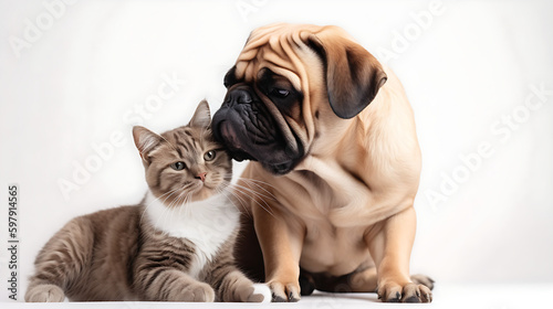 Cat and Dog Together As Best Friends, White Background 08. AI generative.