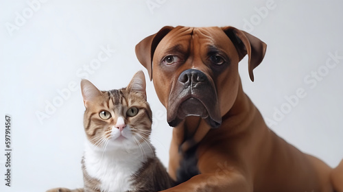 Cat and Dog Together As Best Friends, White Background 09. AI generative.