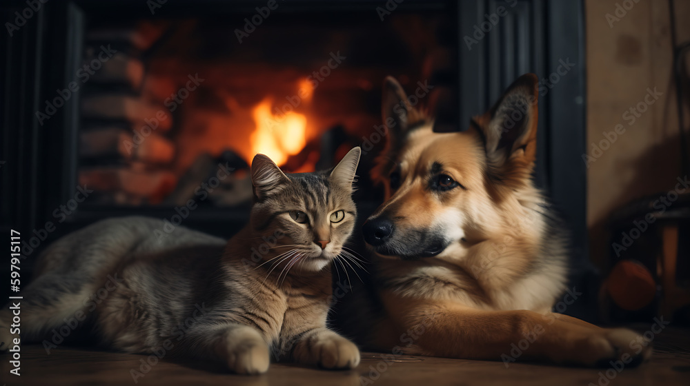 Cat and Dog Together As Best Friends, Dark Background 07. AI generative.