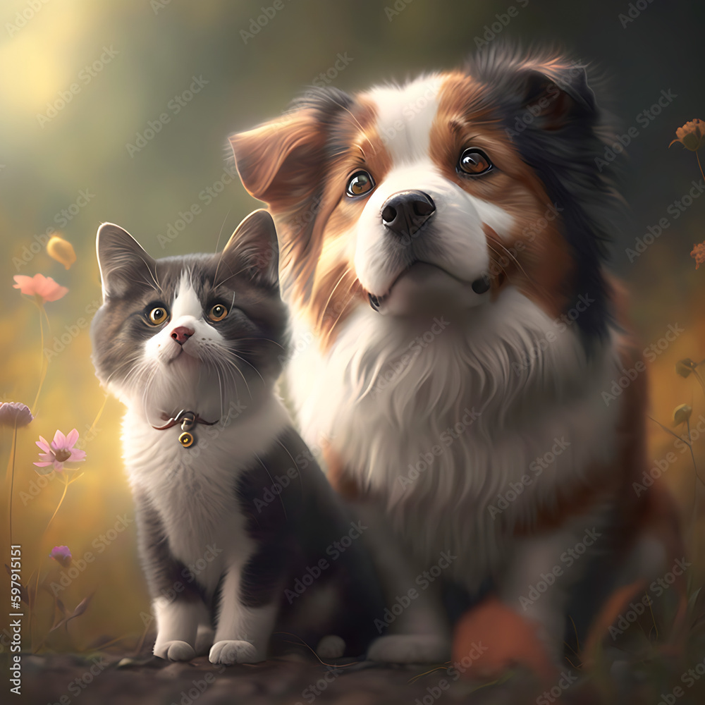Cat and Dog Together As Best Friends, Dark Background 010. AI generative.
