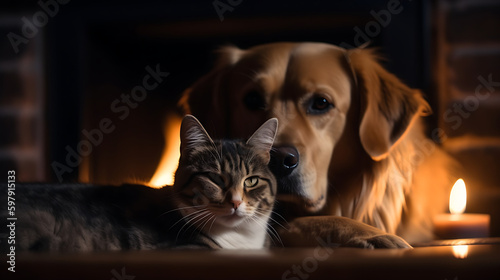 Cat and Dog Together As Best Friends, Dark Background 08. AI generative.