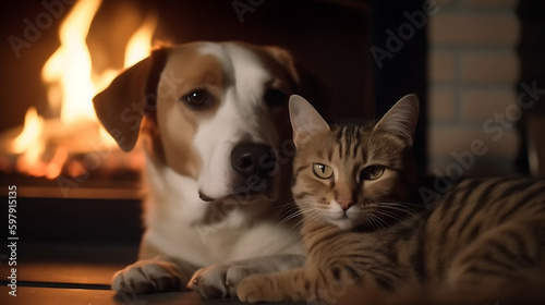 Cat and Dog Together As Best Friends, Dark Background 09. AI generative.