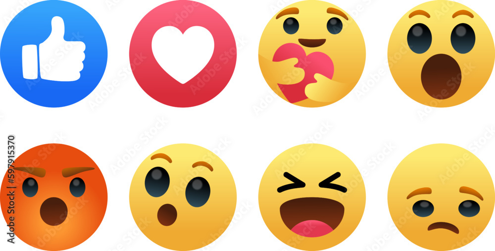 vector round yellow cartoon bubble emoticons for social media chat comment reactions, icon template face tear, smile sad, hug, love, like, Lol, laughter emoji character message