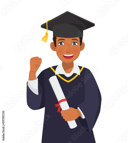 Happy young graduate African man in graduation gown and hat holding diploma and certificate fist pump